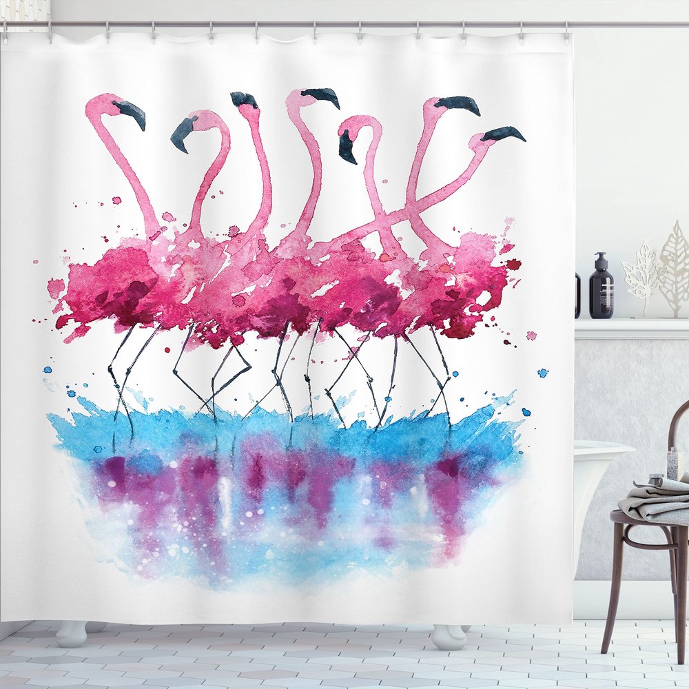 Ambesonne Animal Shower Curtain, Flamingos Love Birds Feather Romance Brushstroke Splash Watercolor Effect, Cloth Fabric Bathroom Decor Set with Hooks, 69" W x 84" L, Pink Blue Purple
