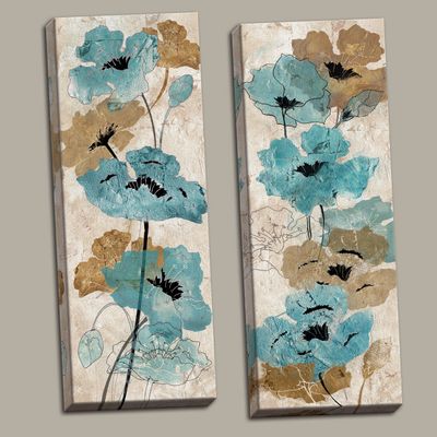 Gango Home Dcor Gorgeous Garden Watercolor-Style Tan and Teal Poppy Panels by TRE Sorelle Studios; Two 12x36in Stretched Canvases