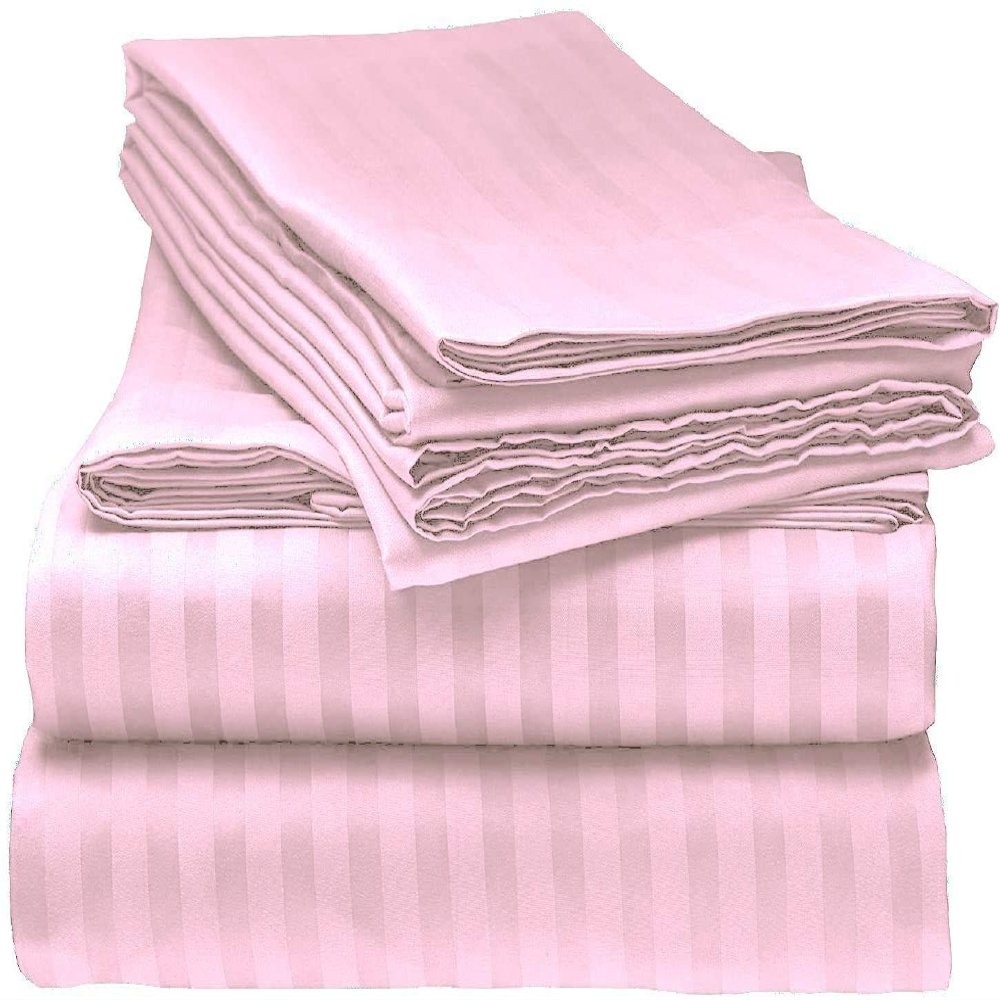 LaxLinen 100% Egyptian Cotton 4 PCs Bed Sheet Set (+24 Inch) Extra Deep Pocket Queen Sofa, Pink Stripe 600 Thread Count