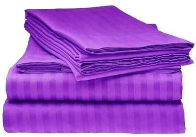 LaxLinen 100% Egyptian Cotton 4 PCs Bed Sheet Set (+24 Inch) Extra Deep Pocket King/Standard, Purple Stripe 600 Thread Count