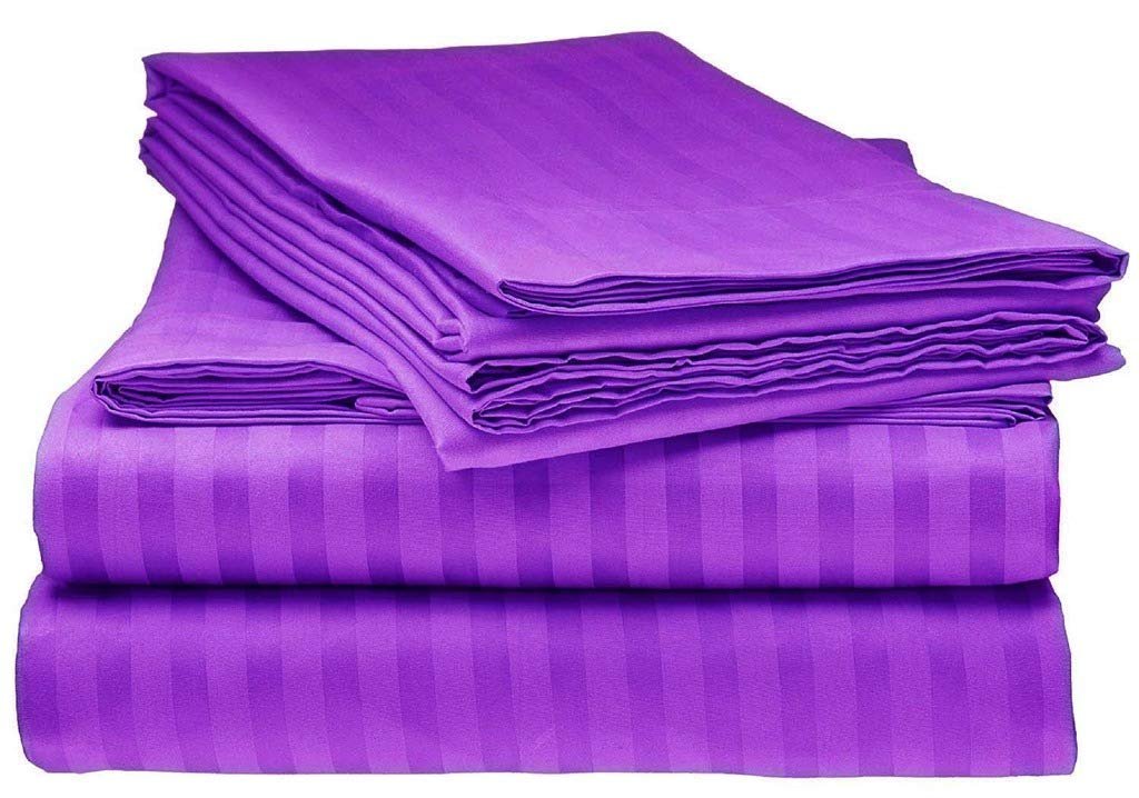 LaxLinen 100% Egyptian Cotton 4 PCs Bed Sheet Set (+24 Inch) Extra Deep Pocket King/Standard, Purple Stripe 600 Thread Count
