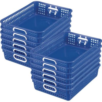 Really Good Stuff Plastic Desktop Paper Storage Baskets for Classroom or Home Use  14x10 Plastic Mesh Baskets Keep Papers Crease-Free and Secure  Blue Baskets With White Handles (Set of 12)