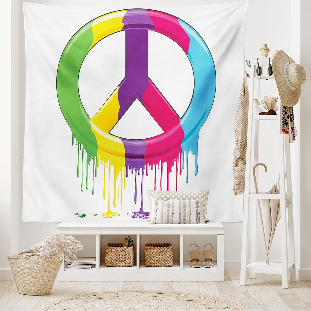 Ambesonne Groovy Tapestry, Digital Peace Dripping Paint Liquid Colors Pacifism Themed Old Movements, Wide Wall Hanging for Bedroom Living Room Dorm, 80" X 60", Purple Multicolor