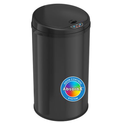 iTouchless 8 Gallon Sensor Trash Can with Odor Filter System, 30 Liter Round Black Steel Garbage Bin, Perfect for Home, Kitchen, Office