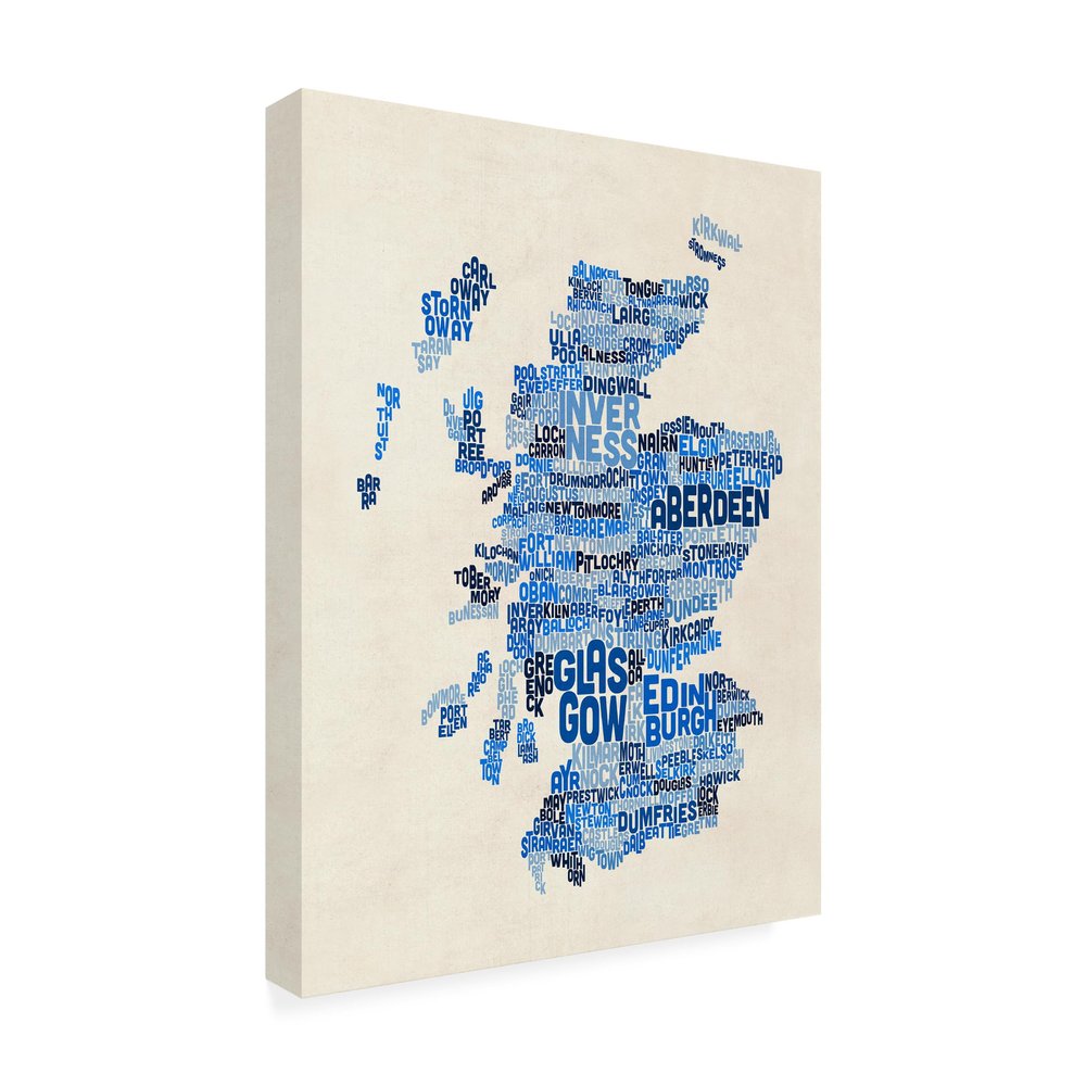 Wrapped Canvas Wall Art - Michael Tompsett 'Scotland Typography Text Map 2' Wall Art for Living Room, Bedroom, or Office Dcor - 18x24