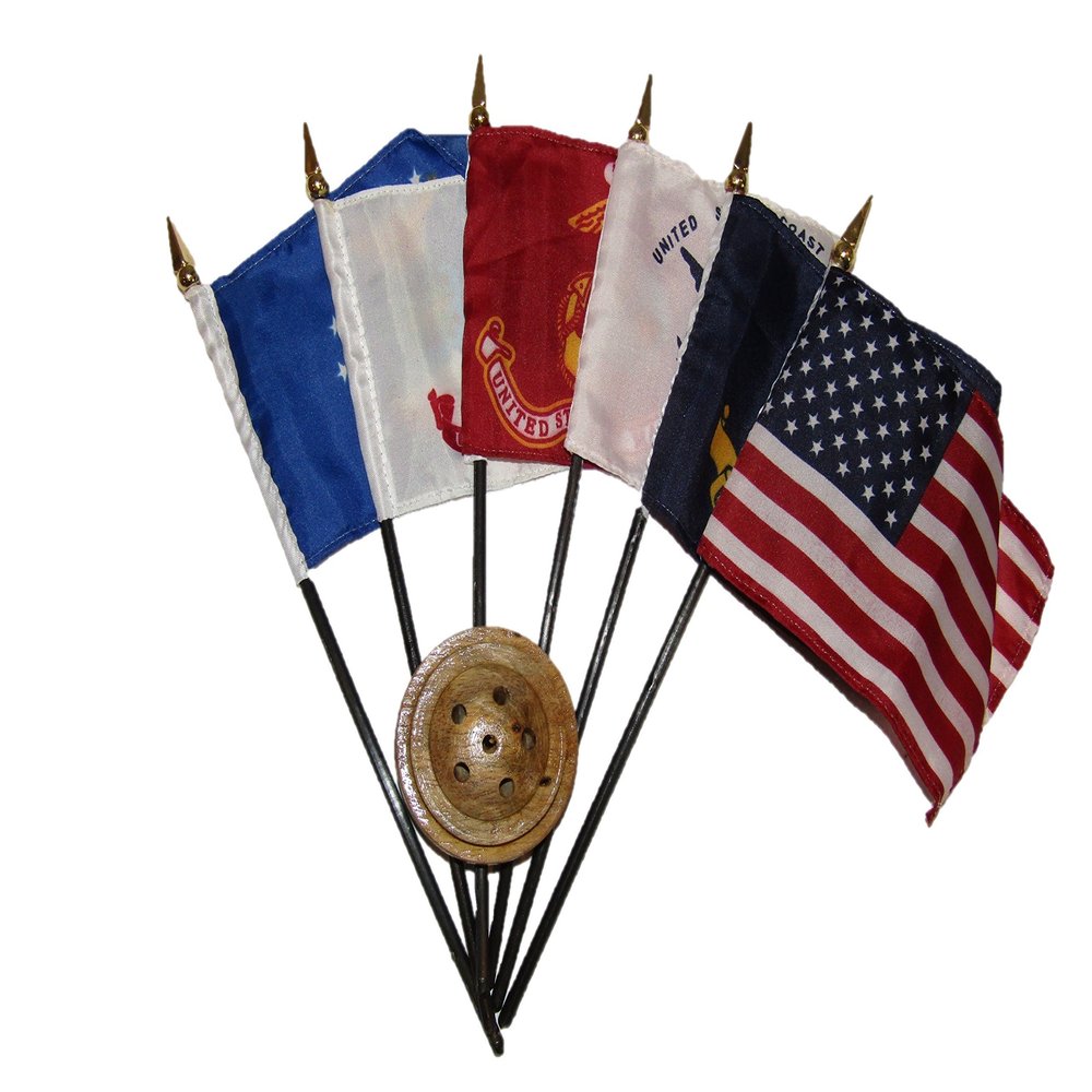 AES USA Millitary 5 Branch 6 Flags 4"x6" Desk Set Wooden Base w/ 3x5 USA Poly Flag