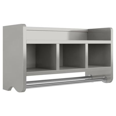 Alaterre Furniture 25-Inch Bath Storage Shelf with Dual Towel Rods - Wall Mounted Organizer with 3 Cubbies, Raised Edge Top Shelf, Coordinates with Bath Collection, Hanging Hardware Included (Gray)