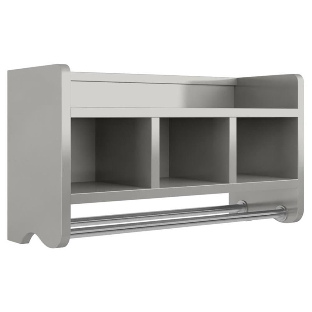 Alaterre Furniture 25-Inch Bath Storage Shelf with Dual Towel Rods - Wall Mounted Organizer with 3 Cubbies, Raised Edge Top Shelf, Coordinates with Bath Collection, Hanging Hardware Included (Gray)