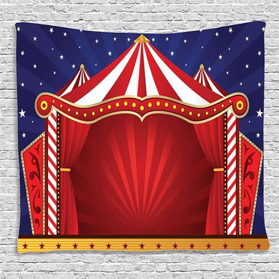 Ambesonne Circus Tapestry, Canvas Tent Circus Stage Performing Theater Jokes Clown Cheerful Night Theme, Wide Wall Hanging for Bedroom Living Room Dorm, 60" X 40", Blue Vermilion