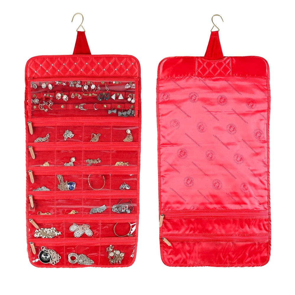 Angelina's Palace Brac Jewelry Hanger Organizer home storage hanger and travel organizer rollup with detachable holders and cover protection (Diamond Red)