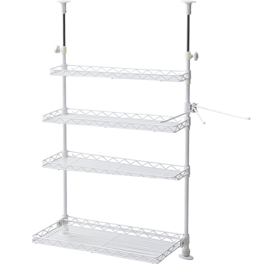 Yamazen TKRO-454*(WH) Kitchen Rack, Tension Rack, Width 17.7 x Depth 8.5 x Height 28.3 - 45.3 inches (45 x 21.5 x 72 - 115 cm), 4 Tiers, Towel Hanger, Spillproof, Lower Levels, Flip-up, Movable Shelf, Drainer Rack, Condiment Rack, Assembly, White