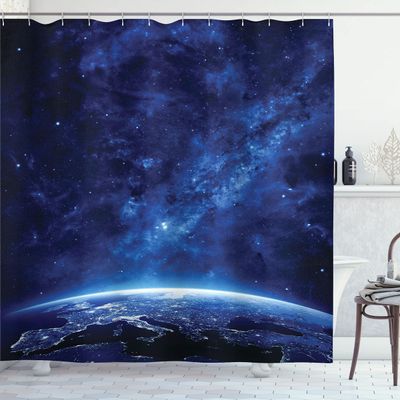 Ambesonne Space Shower Curtain, Earth at Night from Deep Atmosphere Vibrant Milky Way Starfield Ecliptic Scene Print, Cloth Fabric Bathroom Decor Set with Hooks, 69" W x 75" L, Dark Blue