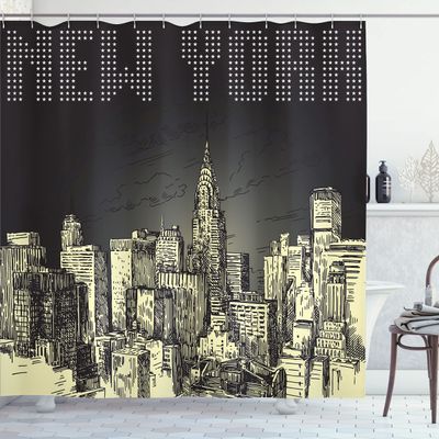 Ambesonne New York Shower Curtain, Grunge Sketch Style Retro NYC Sky with Classic Building City Print Creamy Details, Cloth Fabric Bathroom Decor Set with Hooks, 69" W x 70" L, Yellow Grey