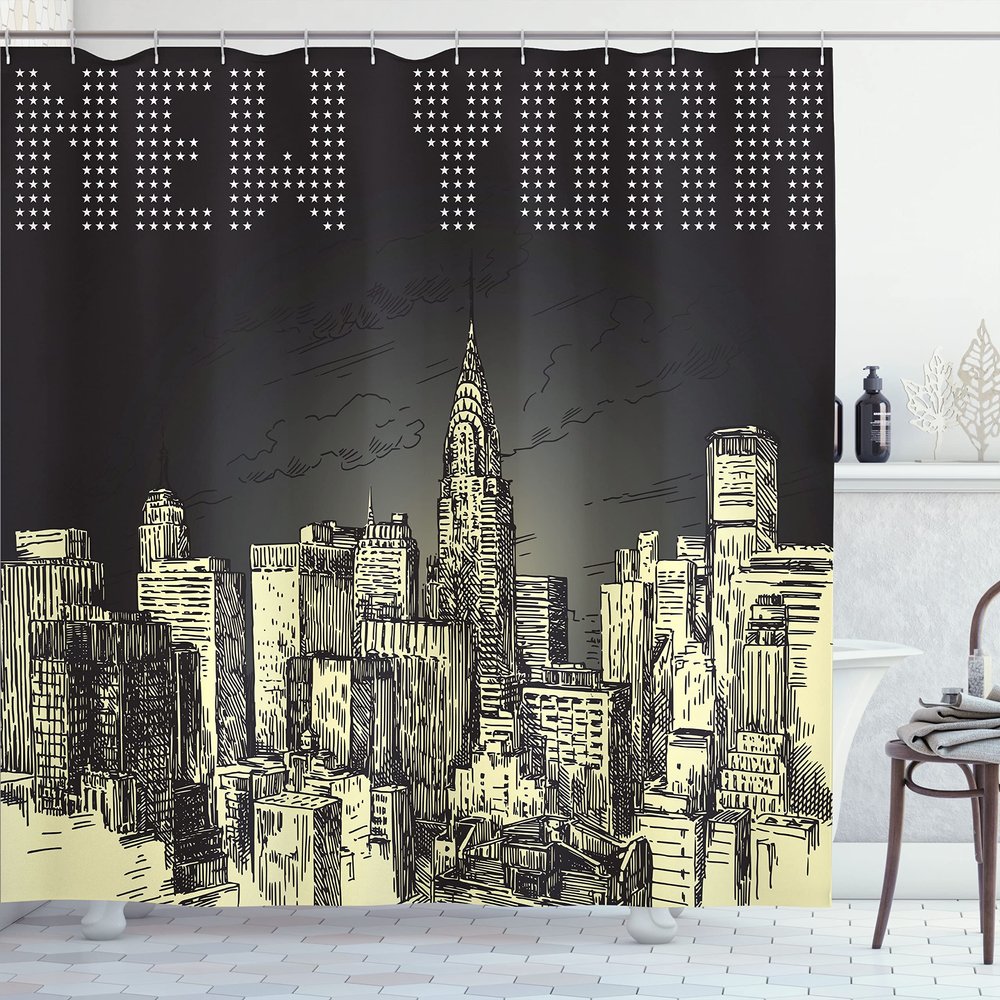 Ambesonne New York Shower Curtain, Grunge Sketch Style Retro NYC Sky with Classic Building City Print Creamy Details, Cloth Fabric Bathroom Decor Set with Hooks, 69" W x 70" L, Yellow Grey