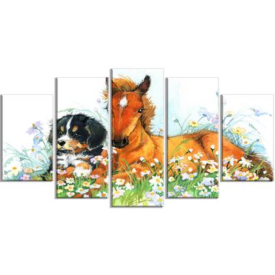 Design Art PT13454-60-32-5PD Relaxing Brown Cute HorseExtra Large Animal Artwork, 60x32-5 Panels Diamond Shape