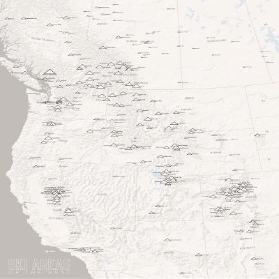 Western Ski Resorts Map 24x36 Poster (White & Gray)