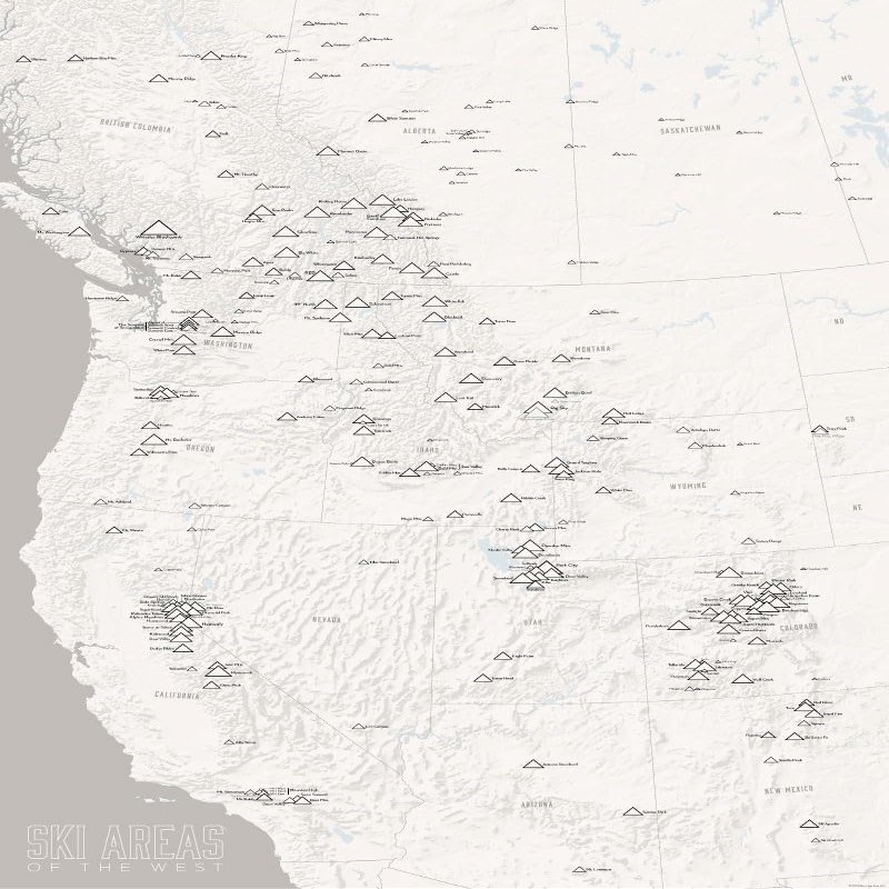 Western Ski Resorts Map 24x36 Poster (White & Gray)