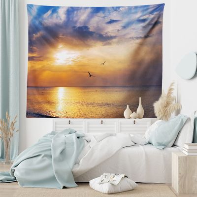 Ambesonne Birds Tapestry, Early Morning Sunrise over the Ocean and a Bird Horizon Nature Panoramic View, Wide Wall Hanging for Bedroom Living Room Dorm, 60" X 40", Orange Blue
