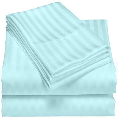 LaxLinen 100% Egyptian Cotton 4 PCs Bed Sheet Set (+24 Inch) Extra Deep Pocket Queen Bed Size, Aqua Blue Stripe 600 Thread Count