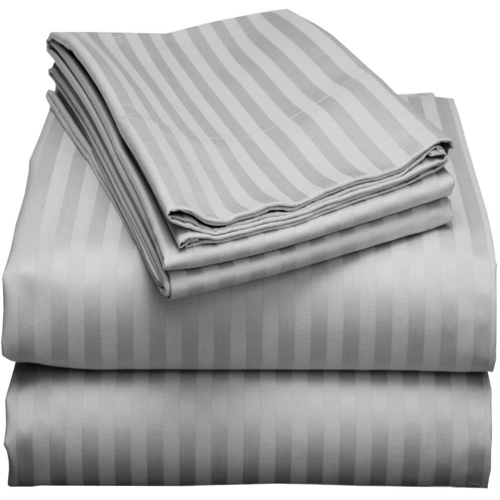 LaxLinen 100% Egyptian Cotton 4 PCs Bed Sheet Set (+24 Inch) Extra Deep Pocket King/Standard, Silver Grey Stripe 600 Thread Count