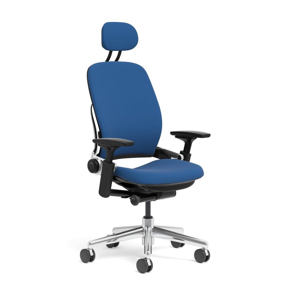 Steelcase Leap Task Chair: Polished Aluminum Base - 4D Adjustable Arms - Headrest - Standard Carpet Casters
