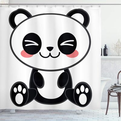 Ambesonne Anime Shower Curtain, Cartoon Smiling Panda Fun Animal Theme Japanese Manga Teen Art Print, Cloth Fabric Bathroom Decor Set with Hooks, 69" W x 75" L, White Grey