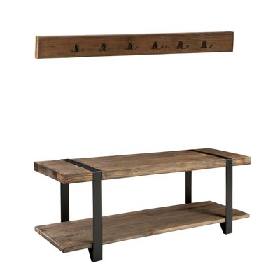 Alaterre Furniture Modesto 48-Inch Solid Wood and Metal Storage Bench with Coat Hooks, Fully-Assembled Wall-Mount Entryway Organizer with 8 Hooks, Vintage Finish, Durable Solid Wood Construction