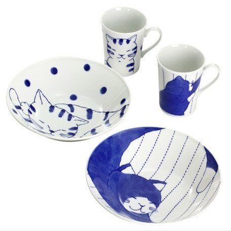 13161 Ceramic Indigo Friends Cat Pair Mug & Plate, Black Neku-kun/Toraneko-kun, Size (W x D x H): Approx. 13.2 x 9.4 x 4.1 inches (33.3 x 23.9 x 10.3 cm)