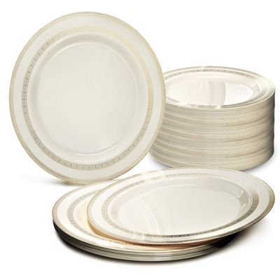 " OCCASIONS " 120 Plates Pack, Heavyweight Disposable Wedding Party Plastic Plates (6.25'' Dessert/Bread Plate, Lace in Ivory & Gold)
