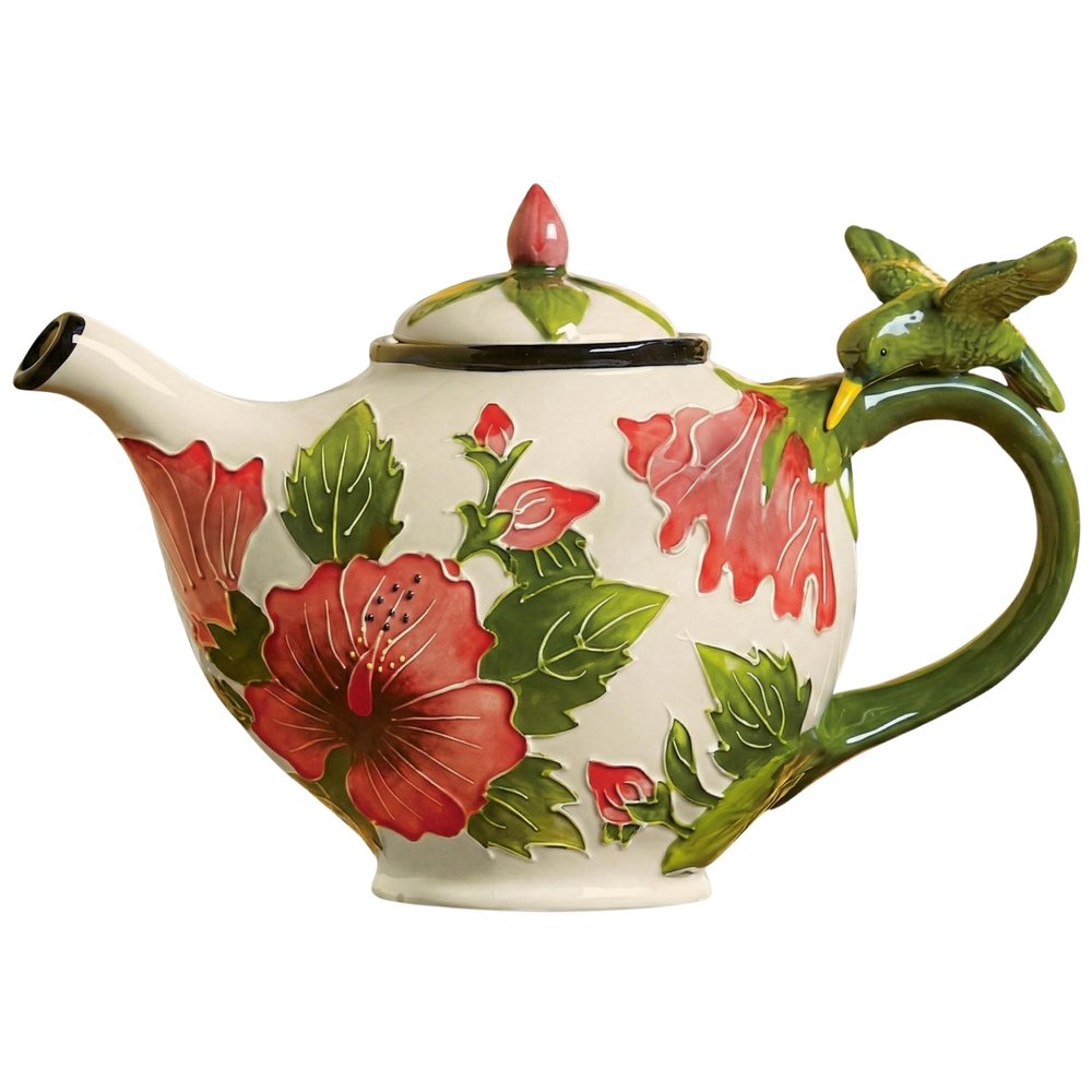 Blue Sky Ceramic 10" x 5" x 6.5" White Hibiscus Teapot