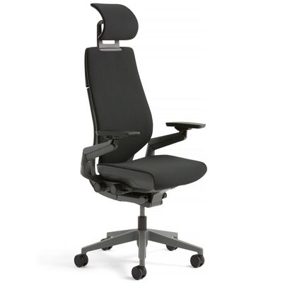 Steelcase Gesture Office Desk Chair with Headrest Cogent Connect Turmeric Fabric Low Black Frame Hard Floor Caster Wheels Hard Floor Caster Wheels