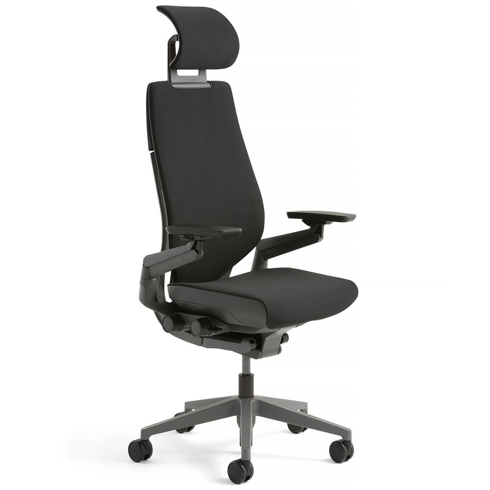 Steelcase Gesture Office Desk Chair with Headrest Cogent Connect Turmeric Fabric Low Black Frame Hard Floor Caster Wheels Hard Floor Caster Wheels