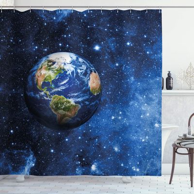 Ambesonne Space Shower Curtain, Outer View of Planet Earth in Solar System with Stars Life on Globe Themed Image, Cloth Fabric Bathroom Decor Set with Hooks, 69" W x 70" L, Blue Green