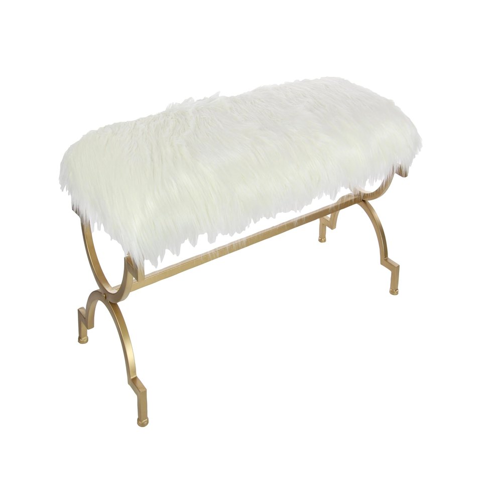Deco 79 Metal Home Bench Entryway Bench with White Faux Fur Top, 42" x 17" x 20", Gold