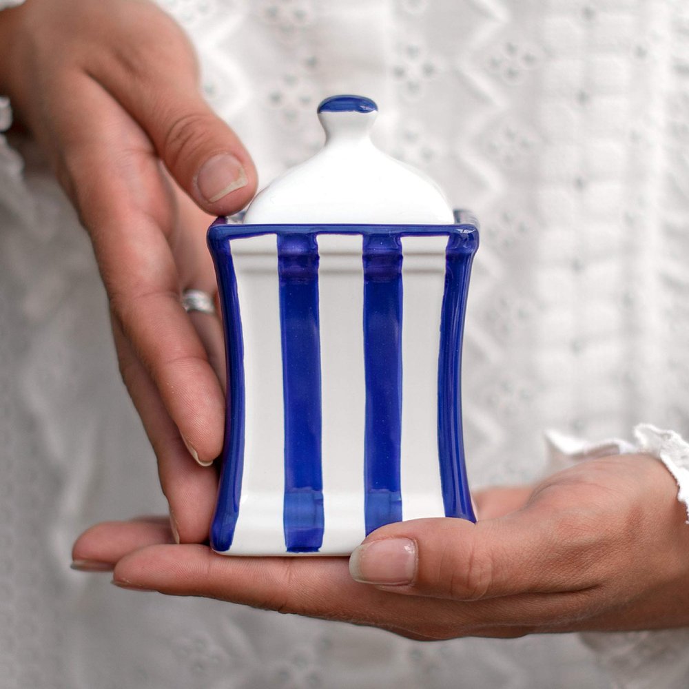 City to Cottage Handmade Small 5.3oz/150ml Ceramic Kitchen Herb, Spice, Storage Jar with Lid, Pottery Canister, Housewarming Gift (Navy Blue Stripe Coastal)