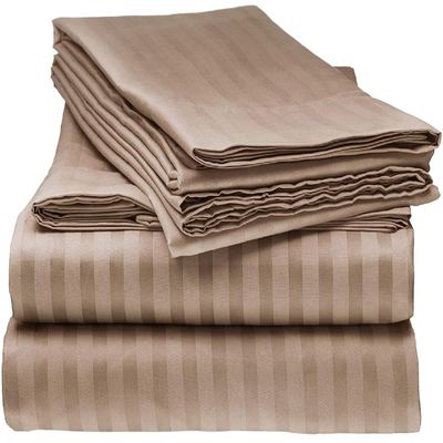 LaxLinen 100% Egyptian Cotton 4 PCs Bed Sheet Set (+24 Inch) Extra Deep Pocket Super/Olympic Queen, Taupe Stripe 600 Thread Count