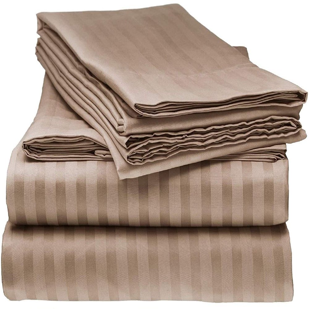 LaxLinen 100% Egyptian Cotton 4 PCs Bed Sheet Set (+24 Inch) Extra Deep Pocket Super/Olympic Queen, Taupe Stripe 600 Thread Count