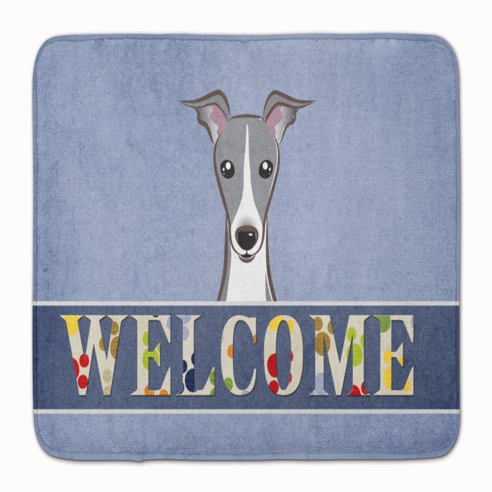 Caroline's Treasures BB1422RUG Italian Greyhound Welcome Machine Washable Memory Foam Mat, Blue, Bathroom Rug, Non-Slip Bath Mat, Durable Thick Washable Rugs for Kitchen, Bathroom Quick Dry, Decorativ