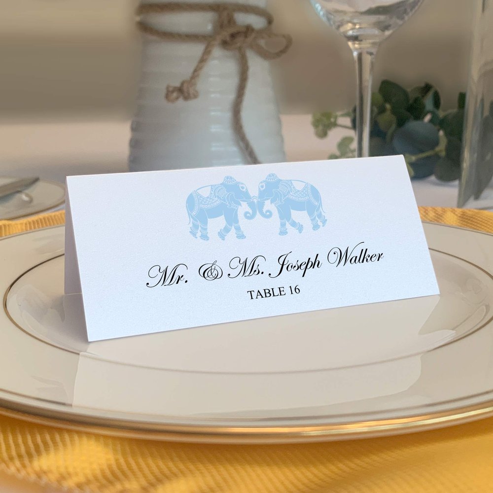 Indian Elephants Printable Place Cards, Light Blue (Choose Color), Set of 60 (10 Sheets), Laser & Inkjet Printers - Wedding, Party, Dinner, and Special Events - Made in the USA