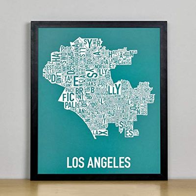 Framed Los Angeles Neighborhoods Map Art Screen Print, Teal & White, 11" x 14" in Black Frame