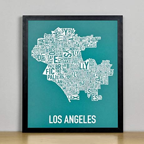 Framed Los Angeles Neighborhoods Map Art Screen Print, Teal & White, 11" x 14" in Black Frame