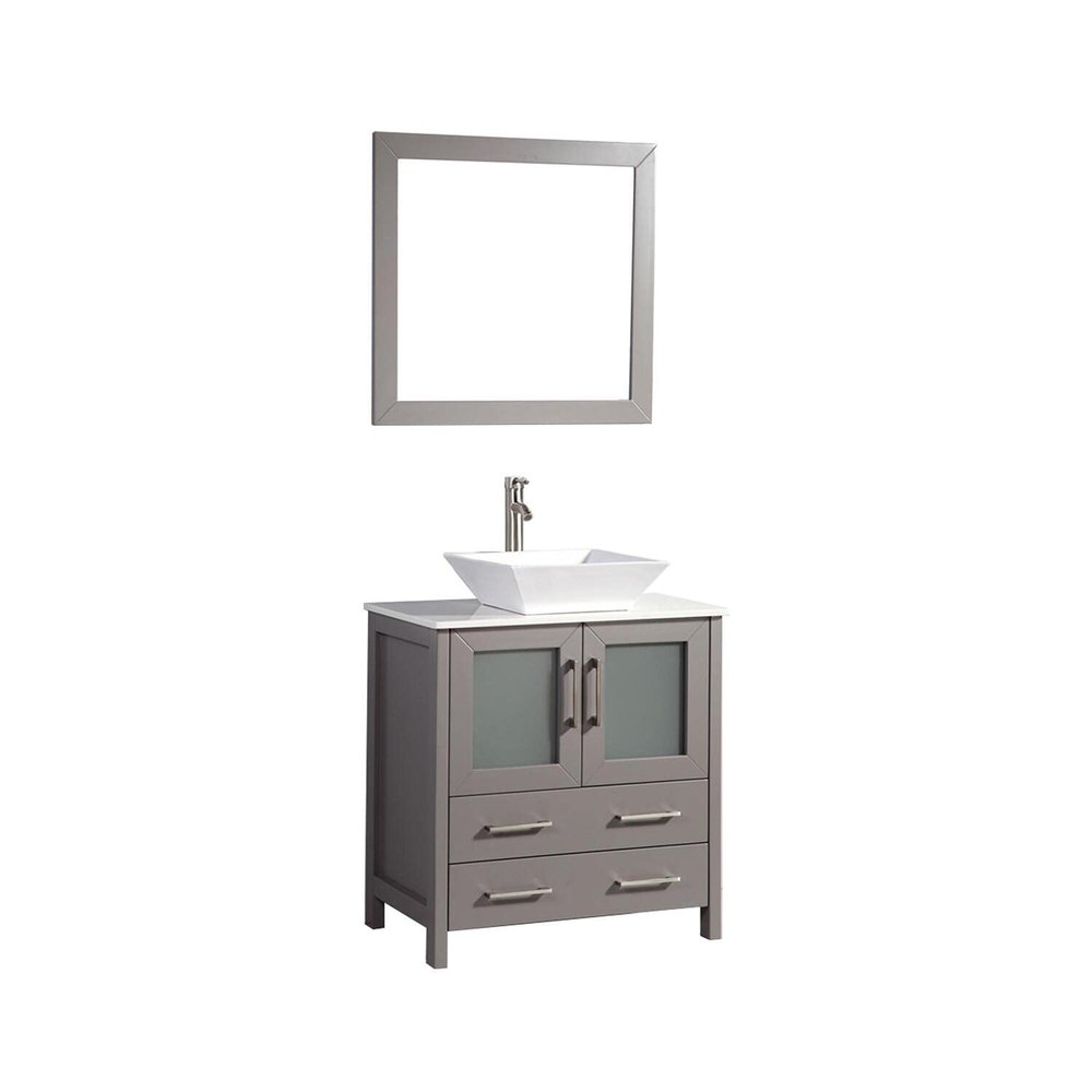 Vanity Art 30 Inch Vessel Single Sink Bathroom Vanity Cabinet with 1 Mirror, Engineered Marble Top Bathroom Cabinet Compact Set with 2 Dovetail Drawers and Soft Closing Doors, VA3130-G