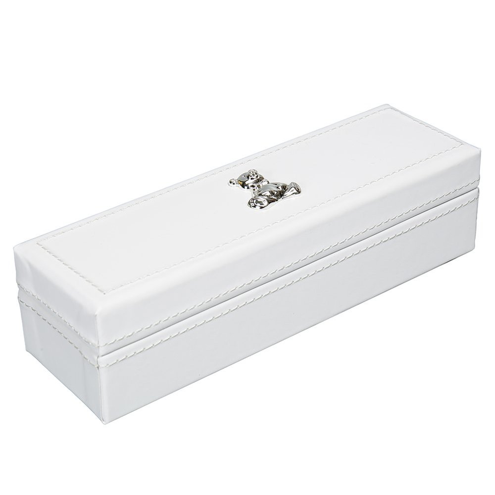 Modali Baby First Year Birth Certificate Keepsake Holder Fine Leather Box with Silver-Plated Bear Cub 9x3"