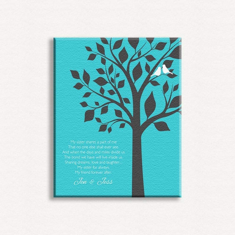 16X20 Custom Mounted Canvas Art Print Personalized Gift For Sister Shares A Part of Me Charcoal Tree on Turquoise Custom Wedding Art