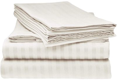 LaxLinen 100% Egyptian Cotton 4 PCs Bed Sheet Set (+24 Inch) Extra Deep Pocket Queen Bed Size, Ivory Stripe 600 Thread Count