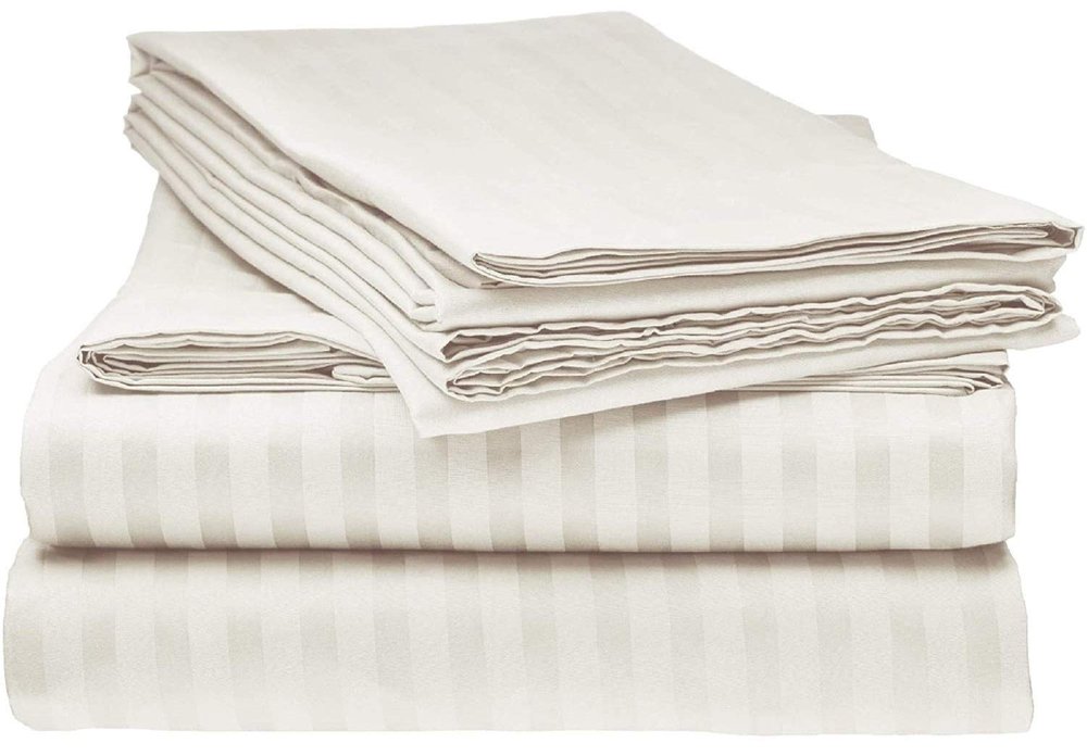 LaxLinen 100% Egyptian Cotton 4 PCs Bed Sheet Set (+24 Inch) Extra Deep Pocket Queen Bed Size, Ivory Stripe 600 Thread Count