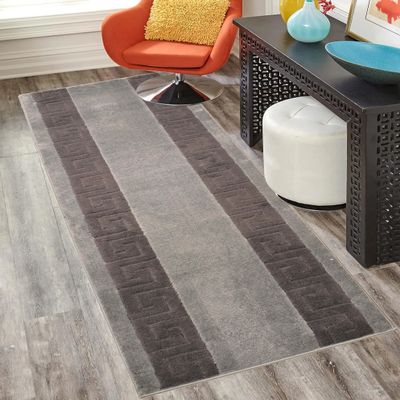 Washable Custom Size Runner Rug Meander Design Grey and Black, (21 Feet Length x 26 Inch Width) Custom Cut Slip Resistant Rubber Backing Runner Rugs, Extra Long Runner Rugs for Hallways