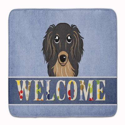 Caroline's Treasures BB1399RUG Longhair Black and Tan Dachshund Welcome Machine Washable Memory Foam Mat, Blue, Bathroom Rug, Non-Slip Bath Mat, Durable Thick Washable Rugs for Kitchen, Bathroom Quick