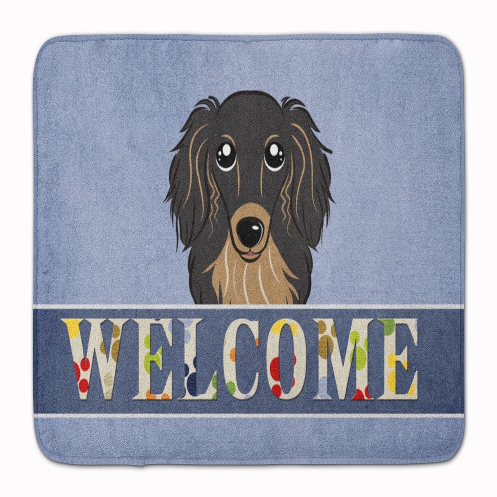Caroline's Treasures BB1399RUG Longhair Black and Tan Dachshund Welcome Machine Washable Memory Foam Mat, Blue, Bathroom Rug, Non-Slip Bath Mat, Durable Thick Washable Rugs for Kitchen, Bathroom Quick