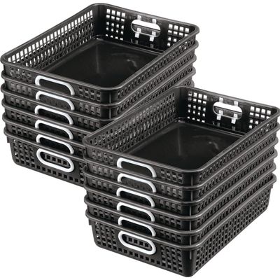 Really Good Stuff Small Plastic Paper Baskets, 14" x 10" x 3.25", 12 Pack, Black, Plastic Mesh Baskets for Classroom, Home, and Office, Fits A4 Paper, Documents, Files, Magazines